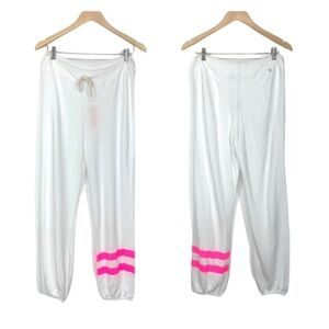 Sundry White Lounge Joggers Soft Lightweight Sweatpants W/ Hot Pink Ankle Stripe